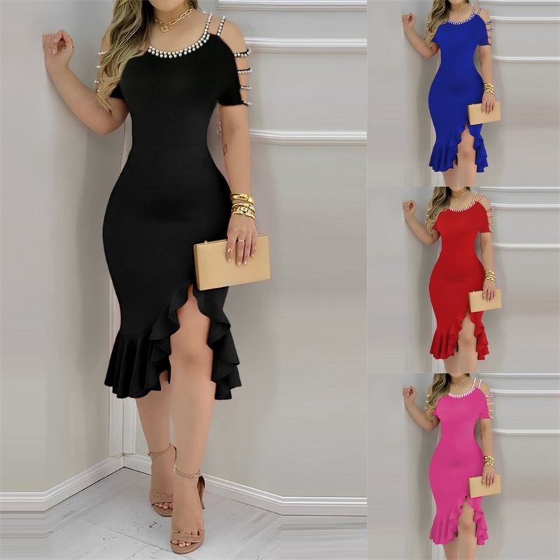 New Summer Fashion Women's Slim-Fit Dress with Pearl Hollow-Out Short Sleeve Shoulder Straps Ruffled Flounce Hem with Side Slit Mid Skirt Elegant Evening Gown for Banquets & Parties