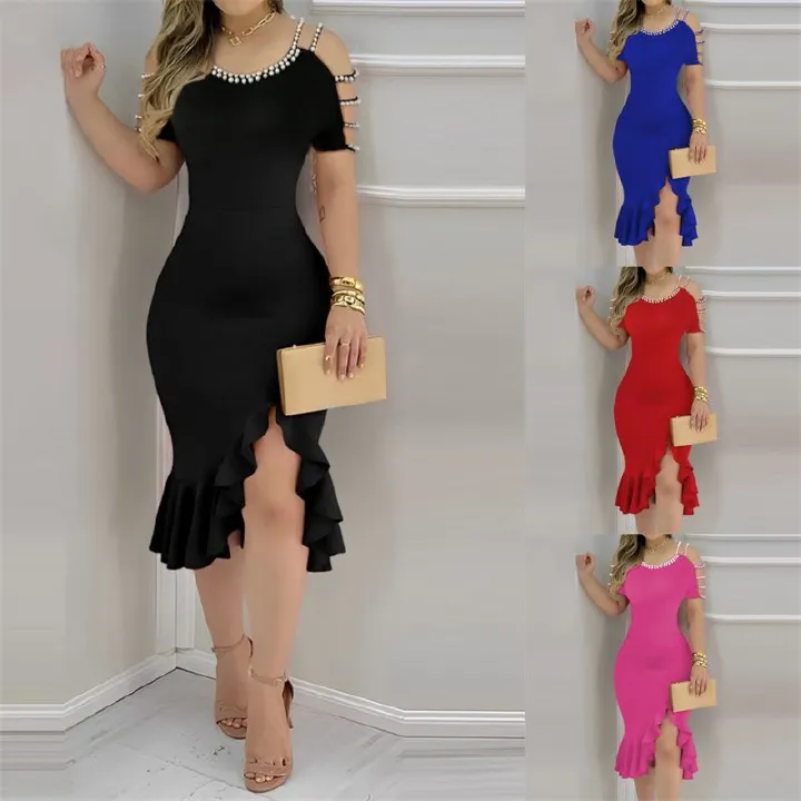 New Summer Fashion Women's Slim-Fit Dress with Pearl Hollow-Out Short Sleeve Shoulder Straps Ruffled Flounce Hem with Side Slit Mid Skirt Elegant Evening Gown for Banquets & Parties