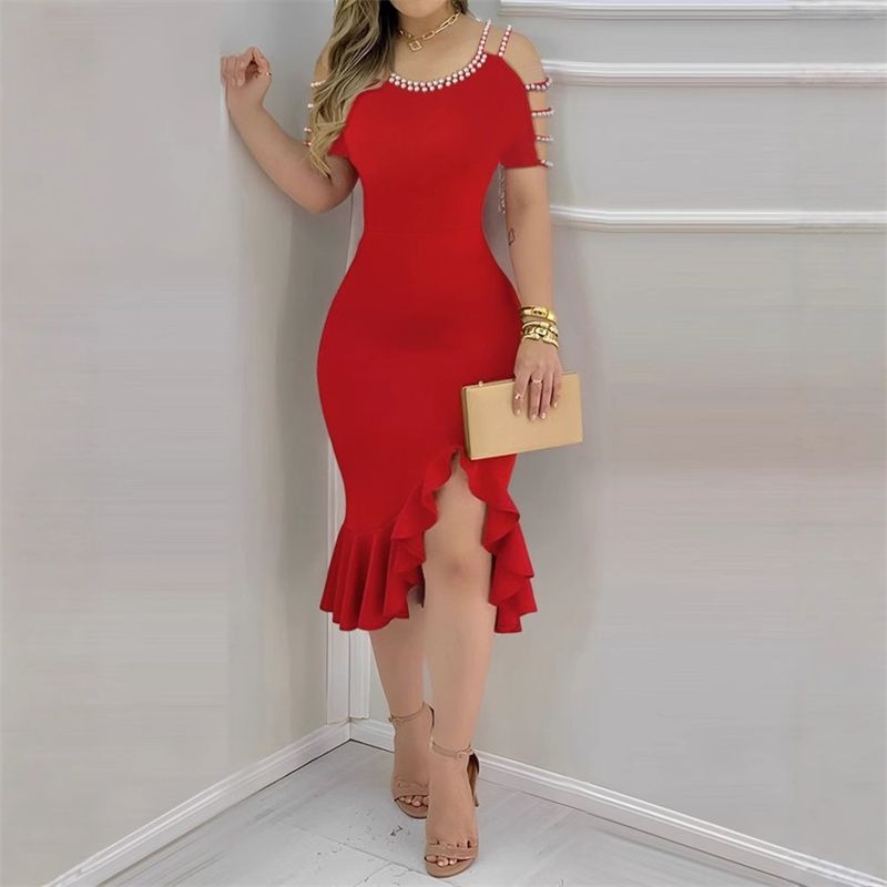 New Summer Fashion Women's Slim-Fit Dress with Pearl Hollow-Out Short Sleeve Shoulder Straps Ruffled Flounce Hem with Side Slit Mid Skirt Elegant Evening Gown for Banquets & Parties