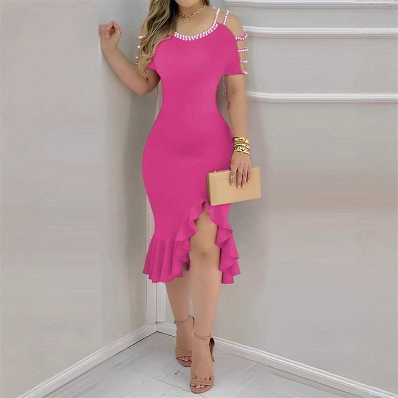 New Summer Fashion Women's Slim-Fit Dress with Pearl Hollow-Out Short Sleeve Shoulder Straps Ruffled Flounce Hem with Side Slit Mid Skirt Elegant Evening Gown for Banquets & Parties