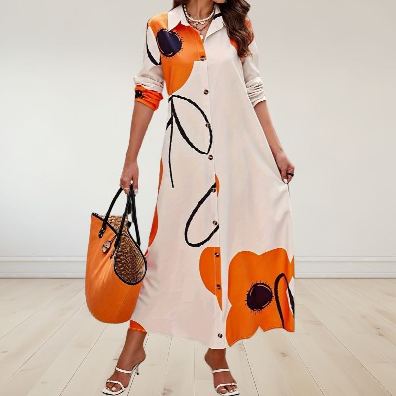 New Fashion Loose-Fit Women's Maxi Dress Long-Sleeved V-Neck Printed Long Skirt Shirt-Style Design Exude Elegance & Charm Ideal for Commuting & Casual Wear