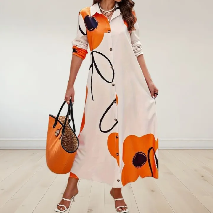New Fashion Loose-Fit Women's Maxi Dress Long-Sleeved V-Neck Printed Long Skirt Shirt-Style Design Exude Elegance & Charm Ideal for Commuting & Casual Wear