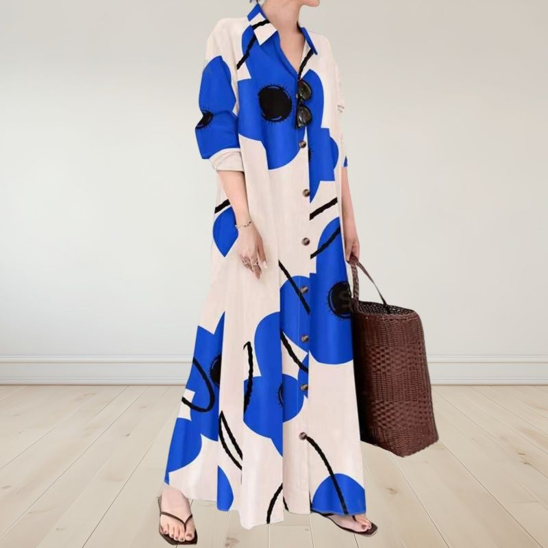 New Fashion Loose-Fit Women's Maxi Dress Long-Sleeved V-Neck Printed Long Skirt Shirt-Style Design Exude Elegance & Charm Ideal for Commuting & Casual Wear