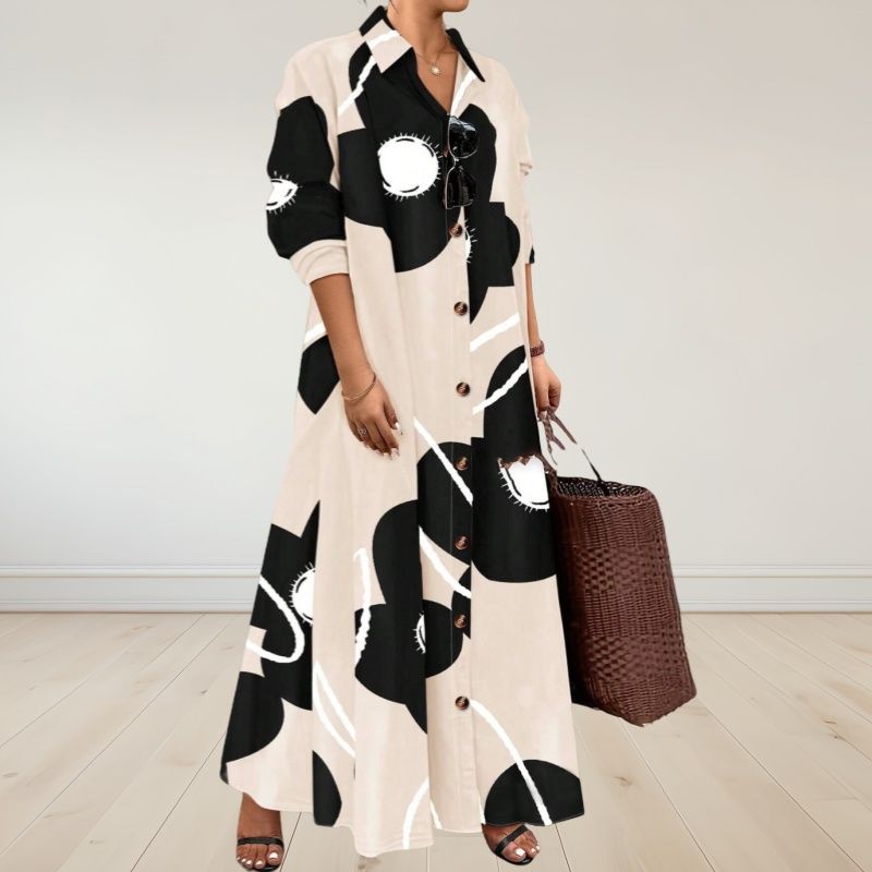 New Fashion Loose-Fit Women's Maxi Dress Long-Sleeved V-Neck Printed Long Skirt Shirt-Style Design Exude Elegance & Charm Ideal for Commuting & Casual Wear