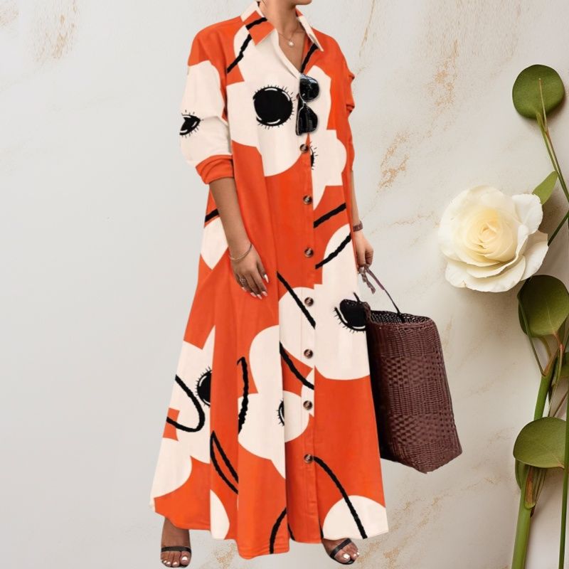 New Fashion Loose-Fit Women's Maxi Dress Long-Sleeved V-Neck Printed Long Skirt Shirt-Style Design Exude Elegance & Charm Ideal for Commuting & Casual Wear