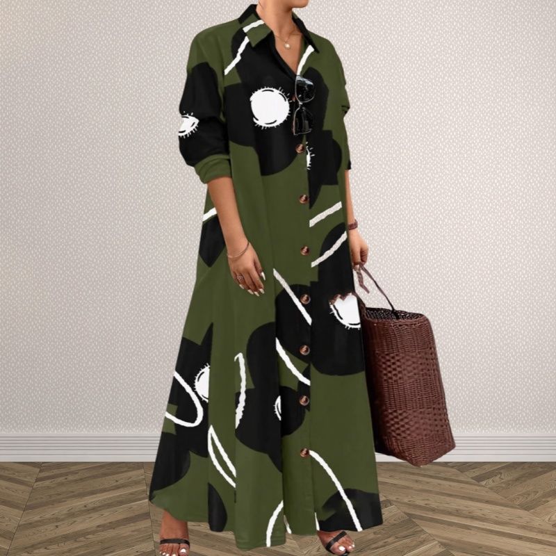 New Fashion Loose-Fit Women's Maxi Dress Long-Sleeved V-Neck Printed Long Skirt Shirt-Style Design Exude Elegance & Charm Ideal for Commuting & Casual Wear