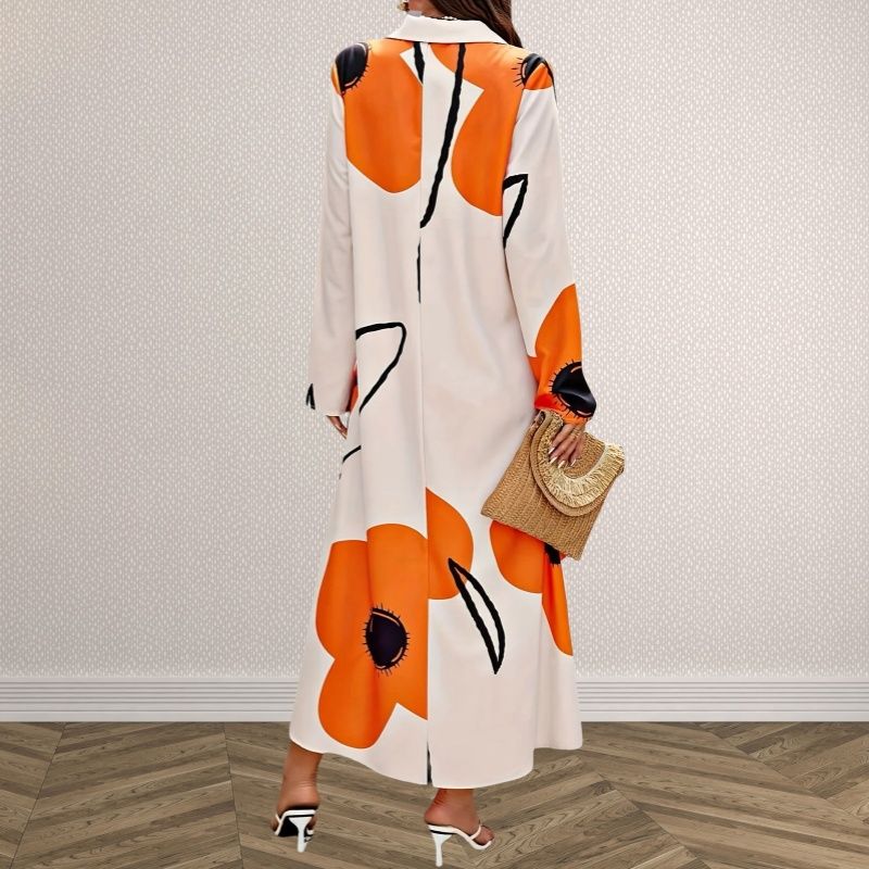 New Fashion Loose-Fit Women's Maxi Dress Long-Sleeved V-Neck Printed Long Skirt Shirt-Style Design Exude Elegance & Charm Ideal for Commuting & Casual Wear