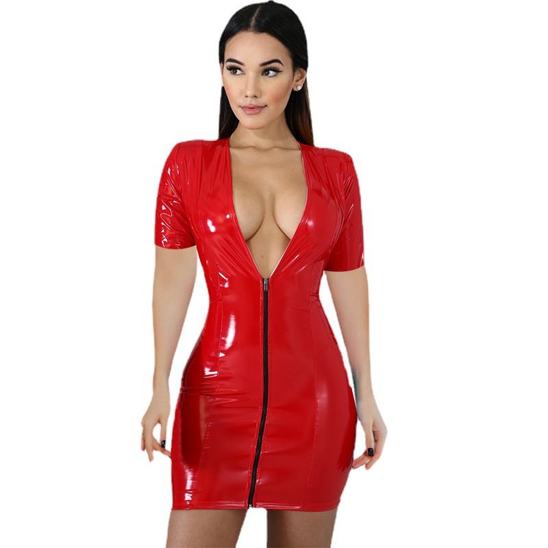 2025 New Collection Colorful Faux Leather Mini Dress Deep V-Neck Zipper Closure 4-Way Stretch Bodycon Dress Sexy & Trendy for Clubbing & Parties