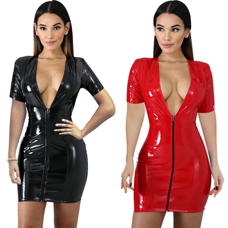 2025 New Collection Colorful Faux Leather Mini Dress Deep V-Neck Zipper Closure 4-Way Stretch Bodycon Dress Sexy & Trendy for Clubbing & Parties