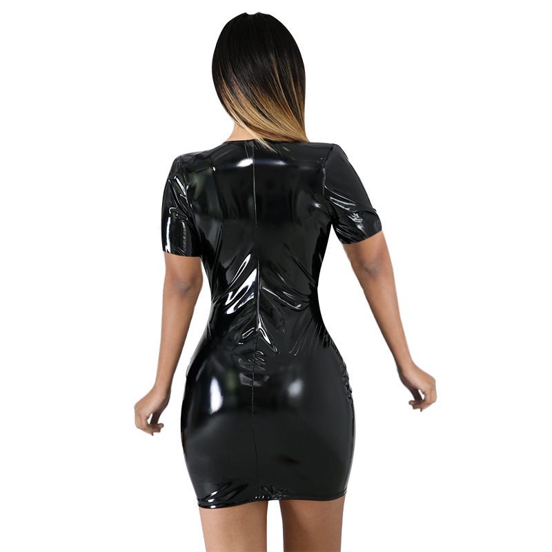 2025 New Collection Colorful Faux Leather Mini Dress Deep V-Neck Zipper Closure 4-Way Stretch Bodycon Dress Sexy & Trendy for Clubbing & Parties