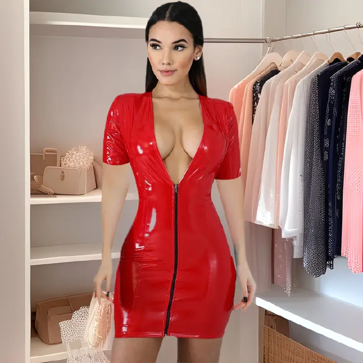 2025 New Collection Colorful Faux Leather Mini Dress Deep V-Neck Zipper Closure 4-Way Stretch Bodycon Dress Sexy & Trendy for Clubbing & Parties