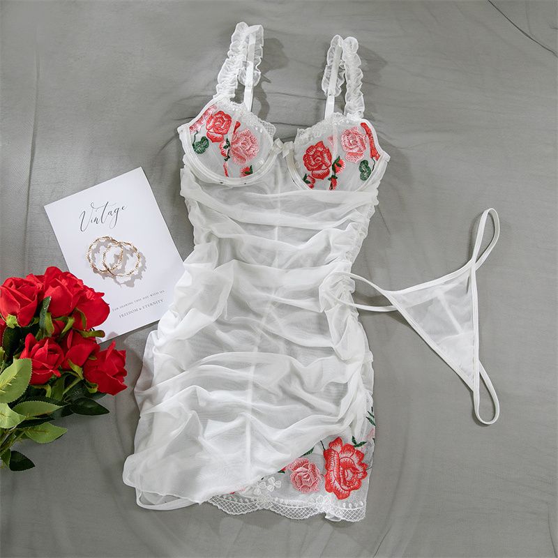 2025 Summer New Fashion Women's Dresses : Strappy Backless Bodycon Embossed Pleated Dress - Sexy Sheer Floral Embroidery Slim Fit Mini Skirt with Thong Trendy Ladies Lingerie set