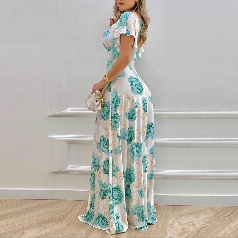 New Arrival! Stylish Women's Floral Print Dress | V-Neck with Petal Sleeves | Waist-Cinching & Flared Skirt Design | Elegant Evening Gown for a Charming Look