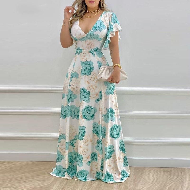 New Arrival! Stylish Women's Floral Print Dress | V-Neck with Petal Sleeves | Waist-Cinching & Flared Skirt Design | Elegant Evening Gown for a Charming Look