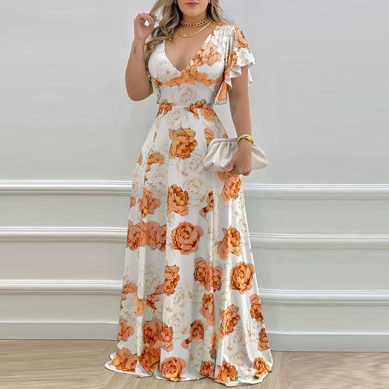 New Arrival! Stylish Women's Floral Print Dress | V-Neck with Petal Sleeves | Waist-Cinching & Flared Skirt Design | Elegant Evening Gown for a Charming Look