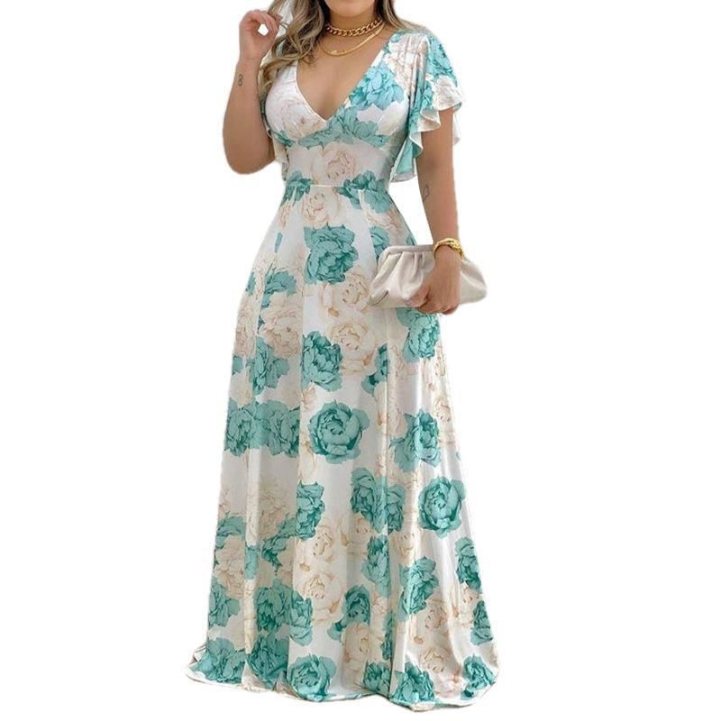 New Arrival! Stylish Women's Floral Print Dress | V-Neck with Petal Sleeves | Waist-Cinching & Flared Skirt Design | Elegant Evening Gown for a Charming Look