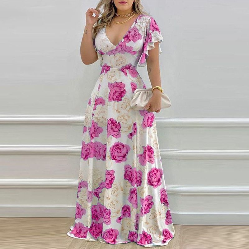 New Arrival! Stylish Women's Floral Print Dress | V-Neck with Petal Sleeves | Waist-Cinching & Flared Skirt Design | Elegant Evening Gown for a Charming Look