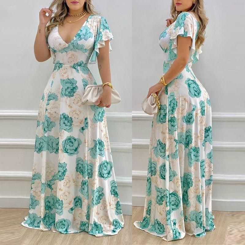 New Arrival! Stylish Women's Floral Print Dress | V-Neck with Petal Sleeves | Waist-Cinching & Flared Skirt Design | Elegant Evening Gown for a Charming Look