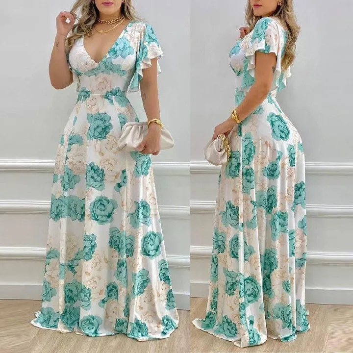 New Arrival! Stylish Women's Floral Print Dress | V-Neck with Petal Sleeves | Waist-Cinching & Flared Skirt Design | Elegant Evening Gown for a Charming Look