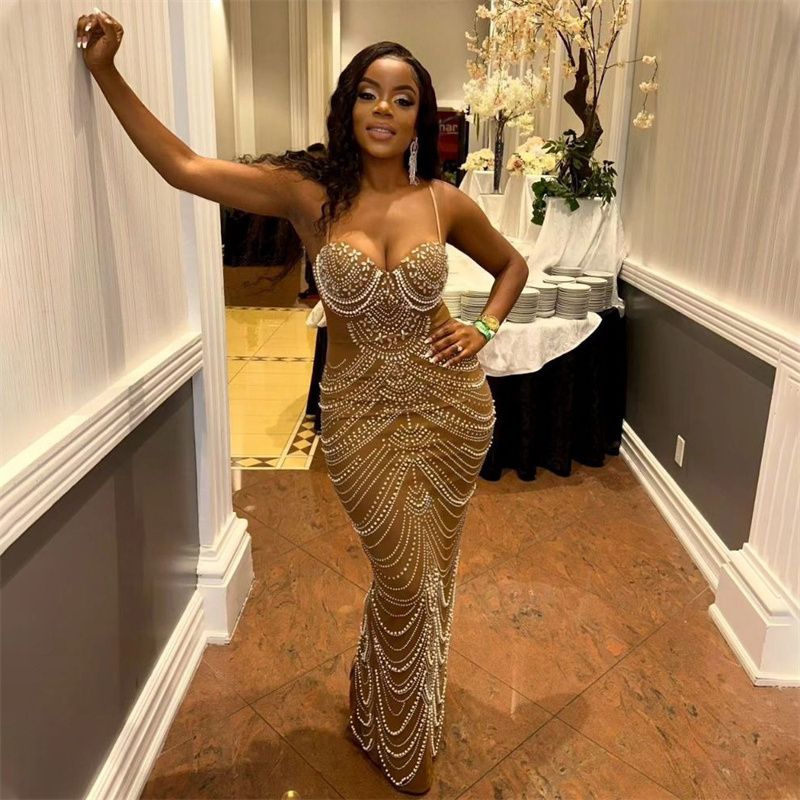 Luxury Pearl Rhinestone Chain-Embellished Evening Gowns – Red-Carpet-Ready Sweetheart Neckline Dresses with Fitted Silhouette & Sparkling Details