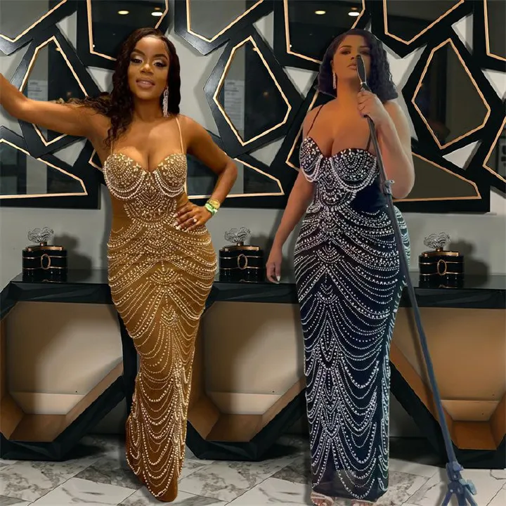 Luxury Pearl Rhinestone Chain-Embellished Evening Gowns – Red-Carpet-Ready Sweetheart Neckline Dresses with Fitted Silhouette & Sparkling Details