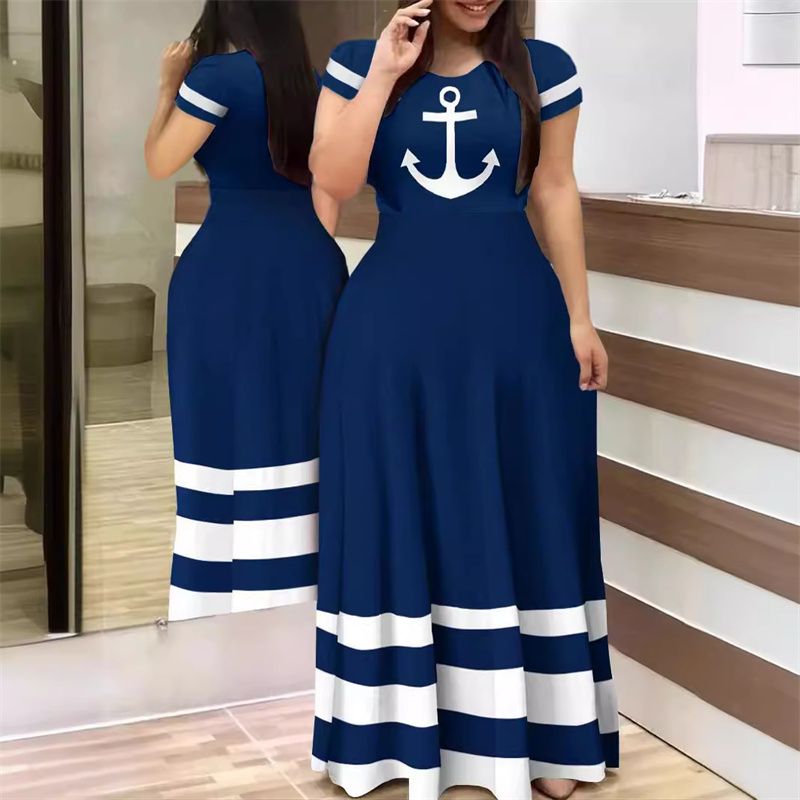 New Arrival Summer Women's Dress - Elegant Commuter Style | Printed Patchwork Short Sleeve Maxi Dress | Plus Size, Waist-Cinching Slim Fit, High-Waist A-Line Flared Skirt
