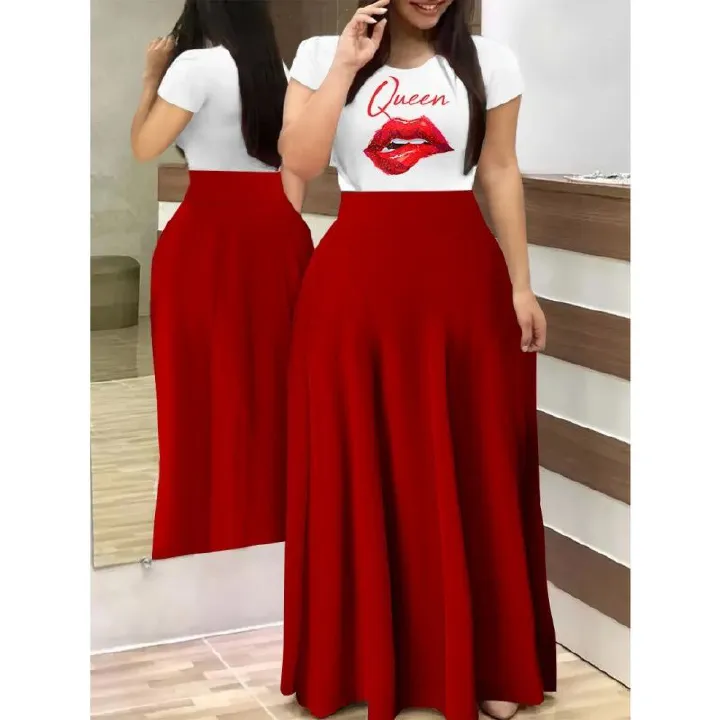 New Arrival Summer Women's Dress - Elegant Commuter Style | Printed Patchwork Short Sleeve Maxi Dress | Plus Size, Waist-Cinching Slim Fit, High-Waist A-Line Flared Skirt