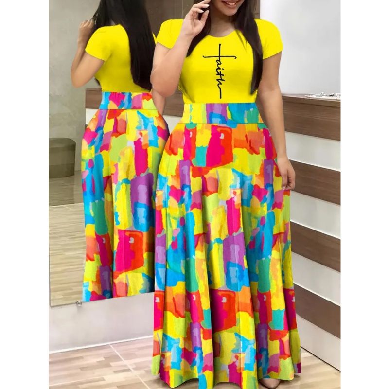 New Arrival Summer Women's Dress - Elegant Commuter Style | Printed Patchwork Short Sleeve Maxi Dress | Plus Size, Waist-Cinching Slim Fit, High-Waist A-Line Flared Skirt