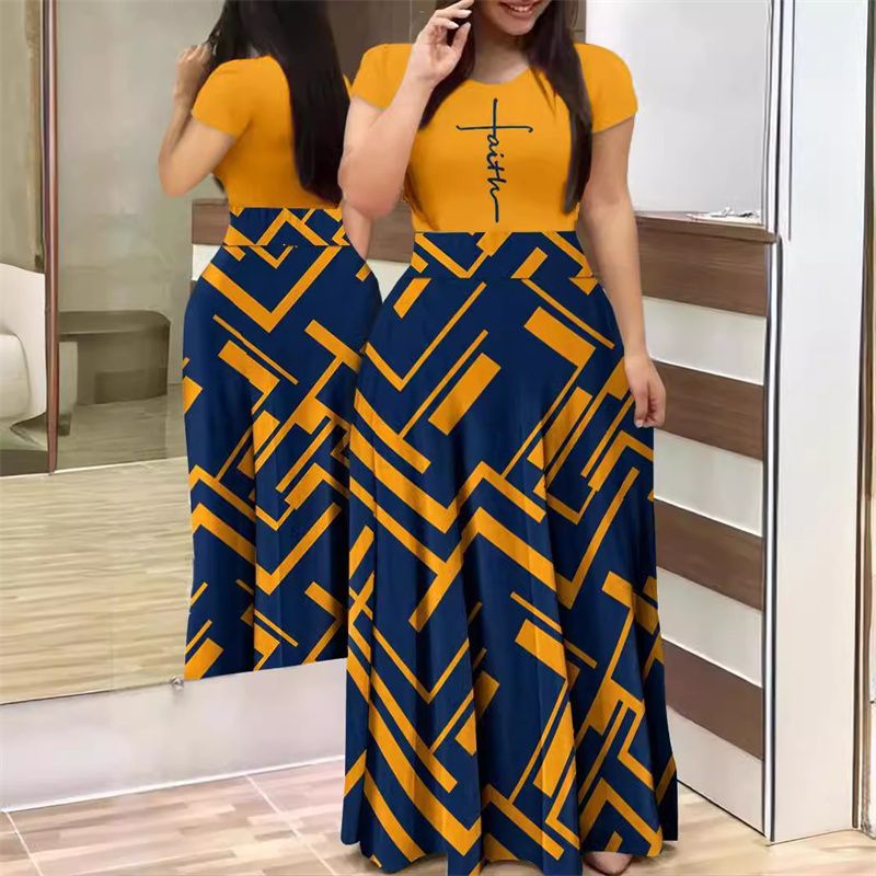 New Arrival Summer Women's Dress - Elegant Commuter Style | Printed Patchwork Short Sleeve Maxi Dress | Plus Size, Waist-Cinching Slim Fit, High-Waist A-Line Flared Skirt