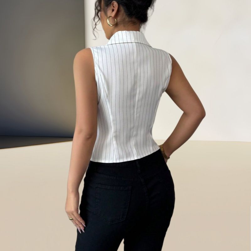 2025 Summer New Arrival Women's Tops Euro-Chic Striped Sleeveless Button-Up Shirt Elegant V-Neck Lapel Slim Fit Waist-Defining Blouse
