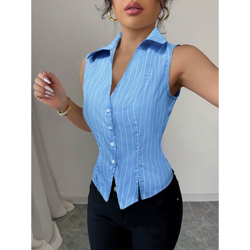 2025 Summer New Arrival Women's Tops Euro-Chic Striped Sleeveless Button-Up Shirt Elegant V-Neck Lapel Slim Fit Waist-Defining Blouse