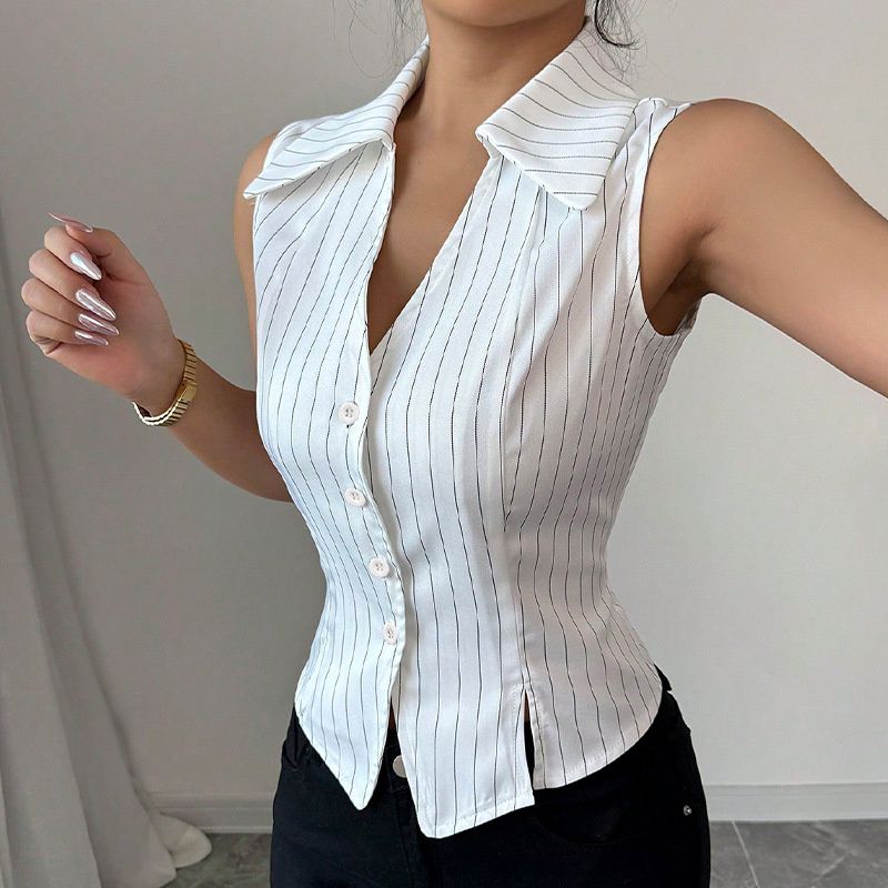 2025 Summer New Arrival Women's Tops Euro-Chic Striped Sleeveless Button-Up Shirt Elegant V-Neck Lapel Slim Fit Waist-Defining Blouse