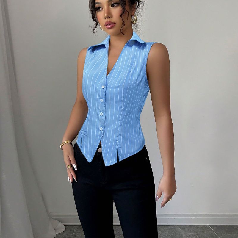 2025 Summer New Arrival Women's Tops Euro-Chic Striped Sleeveless Button-Up Shirt Elegant V-Neck Lapel Slim Fit Waist-Defining Blouse