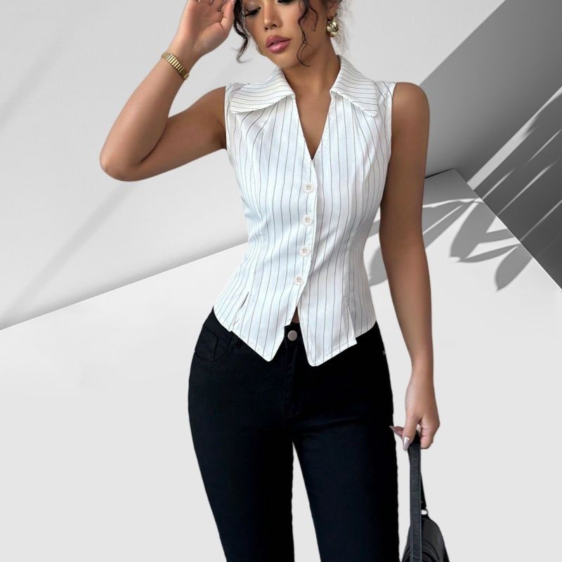 2025 Summer New Arrival Women's Tops Euro-Chic Striped Sleeveless Button-Up Shirt Elegant V-Neck Lapel Slim Fit Waist-Defining Blouse