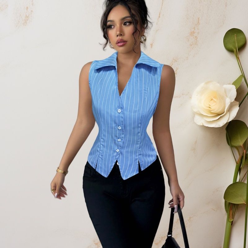 2025 Summer New Arrival Women's Tops Euro-Chic Striped Sleeveless Button-Up Shirt Elegant V-Neck Lapel Slim Fit Waist-Defining Blouse