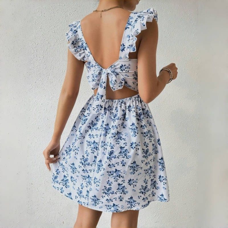 New Stylish Women's Dresses Leopard Print Backless Bowknot Midi Dress Waist-Cinching Slimming Elegant Bohemian Style Puff Skirt