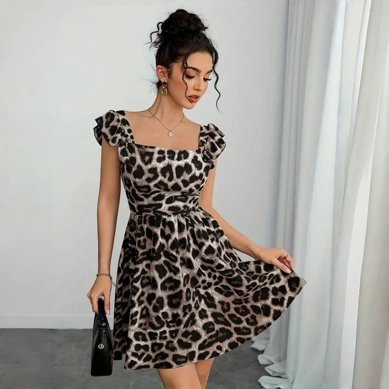 New Stylish Women's Dresses Leopard Print Backless Bowknot Midi Dress Waist-Cinching Slimming Elegant Bohemian Style Puff Skirt