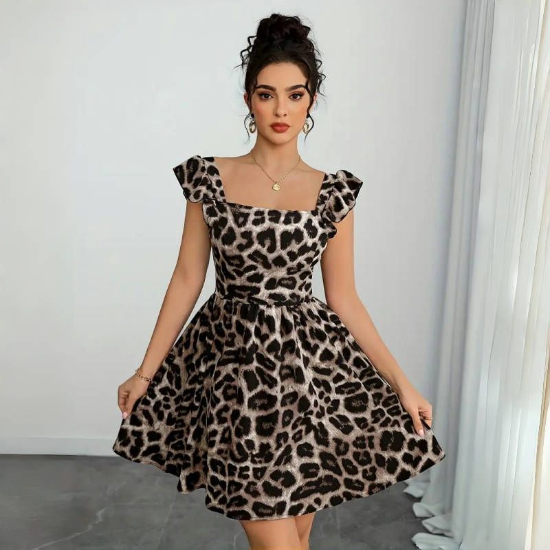 New Stylish Women's Dresses Leopard Print Backless Bowknot Midi Dress Waist-Cinching Slimming Elegant Bohemian Style Puff Skirt