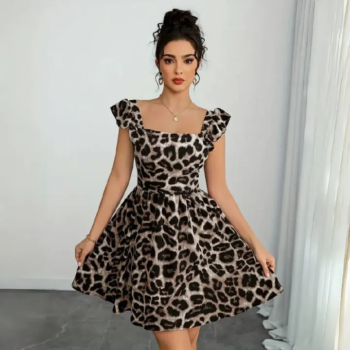 New Stylish Women's Dresses Leopard Print Backless Bowknot Midi Dress Waist-Cinching Slimming Elegant Bohemian Style Puff Skirt