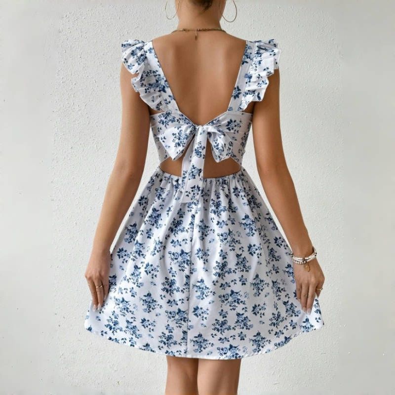 New Stylish Women's Dresses Leopard Print Backless Bowknot Midi Dress Waist-Cinching Slimming Elegant Bohemian Style Puff Skirt