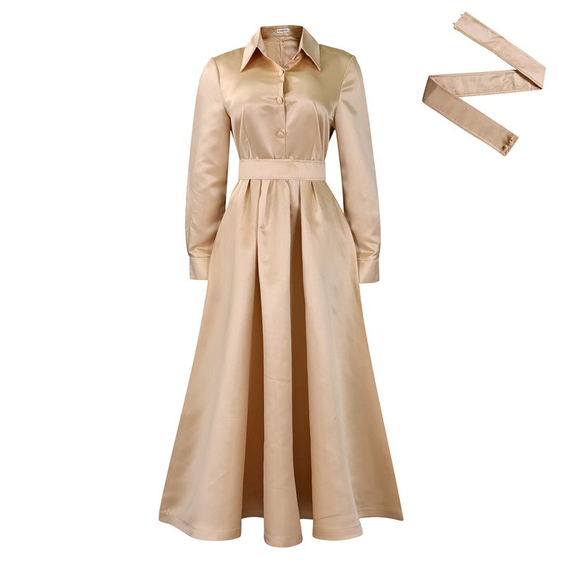2025 New Fashion African-Inspired Women's Dresses Lapel Collar Long Sleeve Flared Maxi Dress with Belt Ladies Elegant Commute Wear