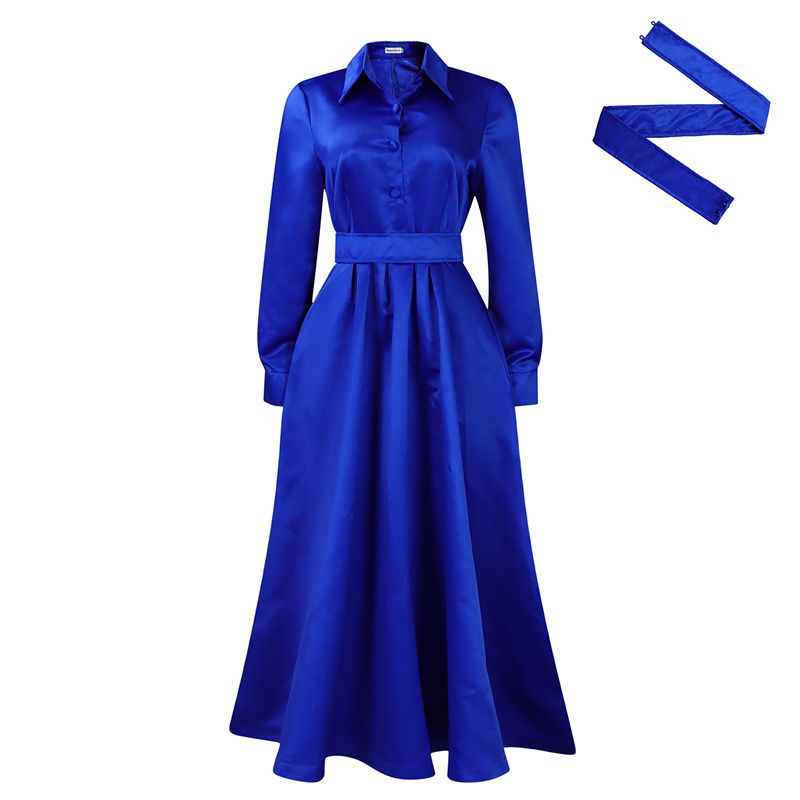 2025 New Fashion African-Inspired Women's Dresses Lapel Collar Long Sleeve Flared Maxi Dress with Belt Ladies Elegant Commute Wear