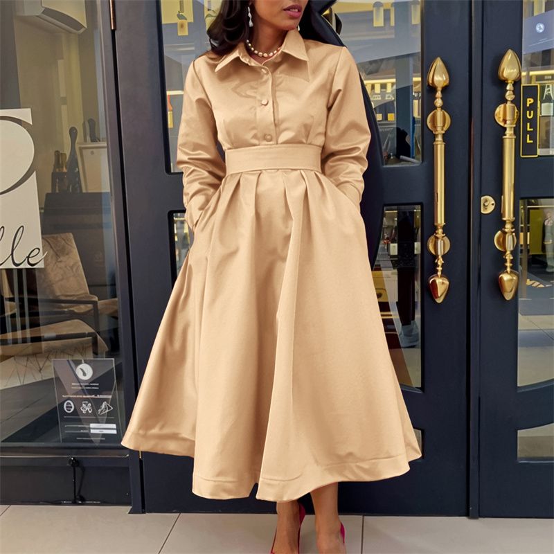 2025 New Fashion African-Inspired Women's Dresses Lapel Collar Long Sleeve Flared Maxi Dress with Belt Ladies Elegant Commute Wear