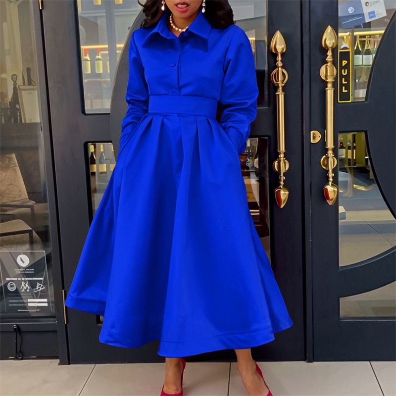 2025 New Fashion African-Inspired Women's Dresses Lapel Collar Long Sleeve Flared Maxi Dress with Belt Ladies Elegant Commute Wear