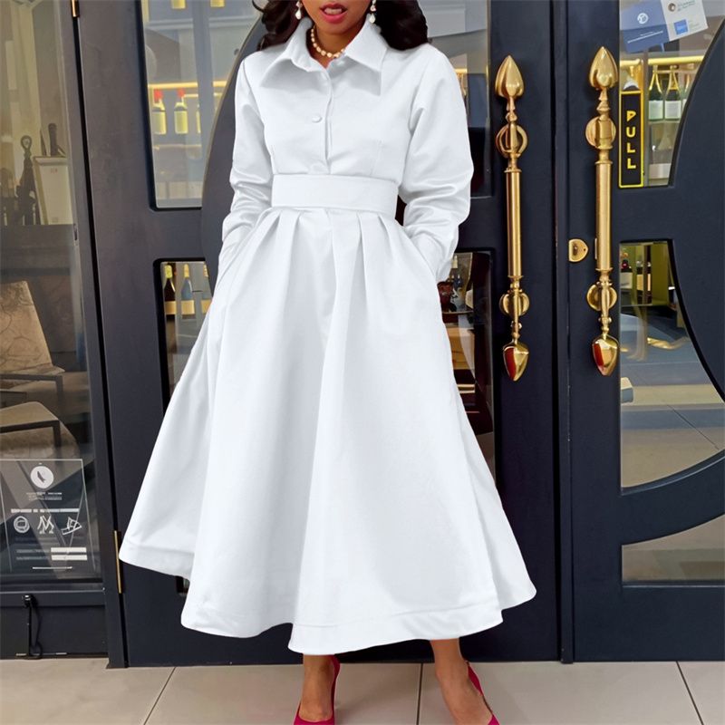 2025 New Fashion African-Inspired Women's Dresses Lapel Collar Long Sleeve Flared Maxi Dress with Belt Ladies Elegant Commute Wear
