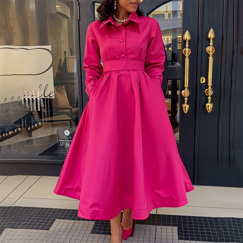 2025 New Fashion African-Inspired Women's Dresses Lapel Collar Long Sleeve Flared Maxi Dress with Belt Ladies Elegant Commute Wear