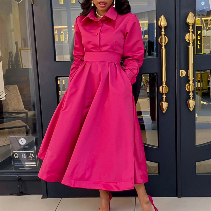 2025 New Fashion African-Inspired Women's Dresses Lapel Collar Long Sleeve Flared Maxi Dress with Belt Ladies Elegant Commute Wear