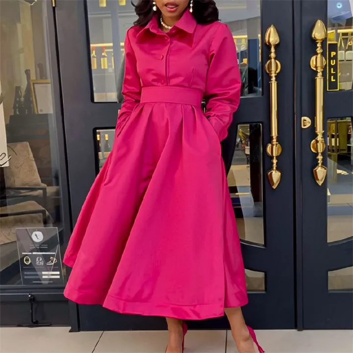 2025 New Fashion African-Inspired Women's Dresses Lapel Collar Long Sleeve Flared Maxi Dress with Belt Ladies Elegant Commute Wear