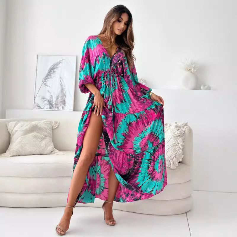 New Stylish African Women's Dresses Vibrant Colorful Prints Deep V-Neck 3/4 Bat Sleeves Tie-Waist Pleated Maxi Dress with Flowy Silhouette