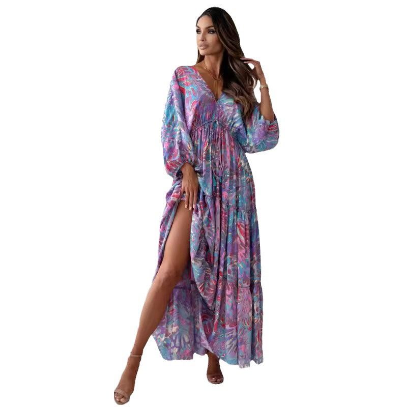 New Stylish African Women's Dresses Vibrant Colorful Prints Deep V-Neck 3/4 Bat Sleeves Tie-Waist Pleated Maxi Dress with Flowy Silhouette